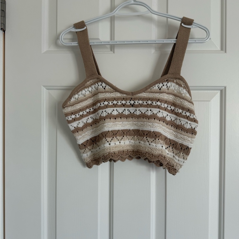 Striped Knit Cropped Tank Top in Brown and Cream